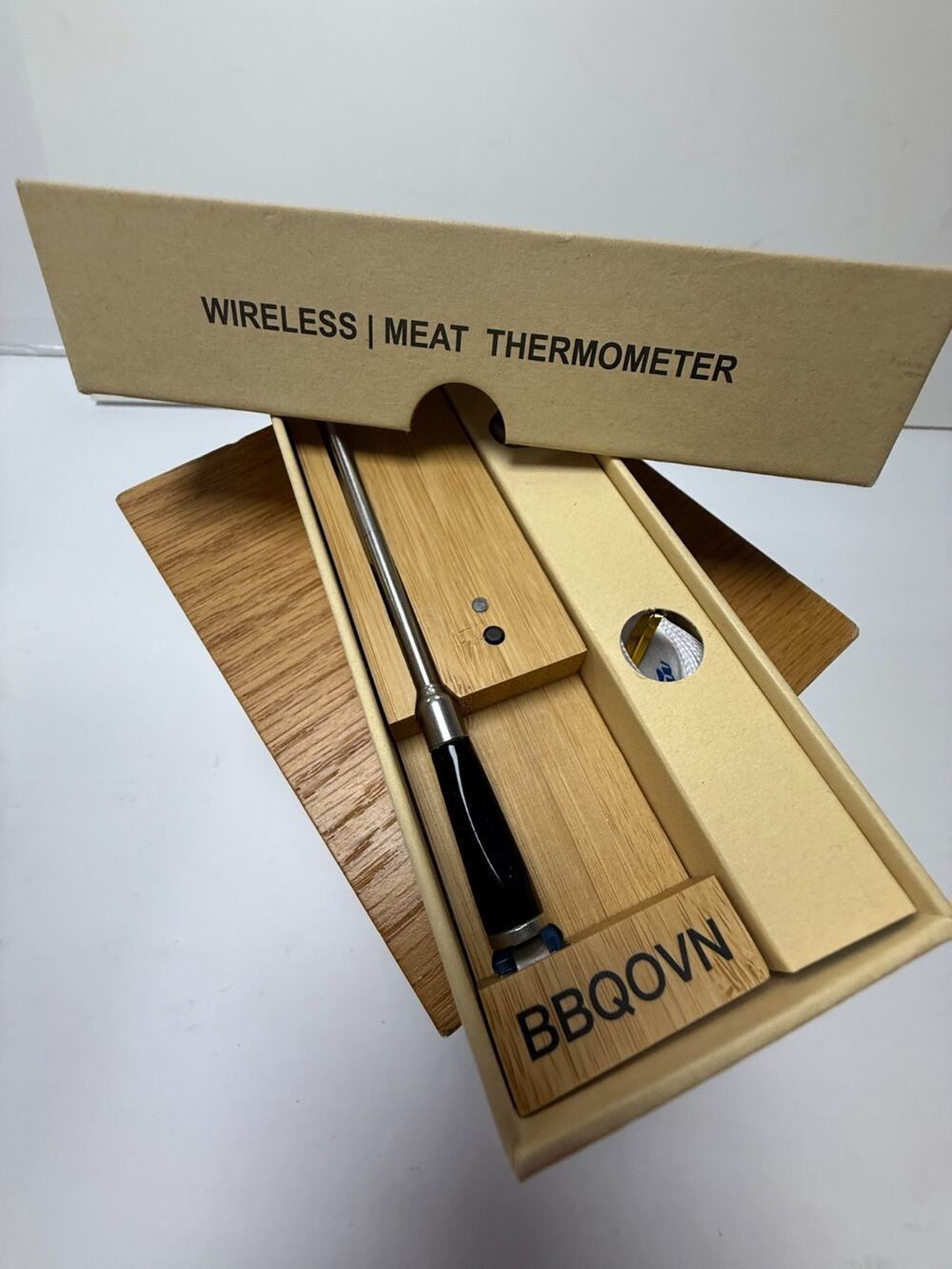 BBQOVN Wireless Meat Thermometer Black Digital Probe Bamboo Case BBQ Grill
